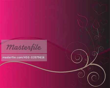 Pink and black gradient background with graphic roses, swirls, curls, and a blank area for text.