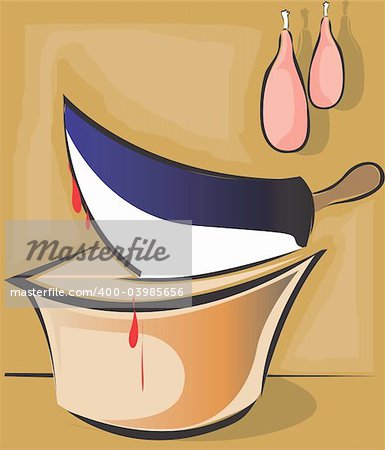 Illustration of a blood stained knife in a butchering stall