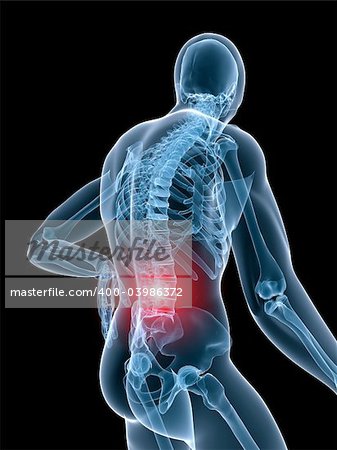 3d rendered x-ray illustration of a human skeleton with a painful back
