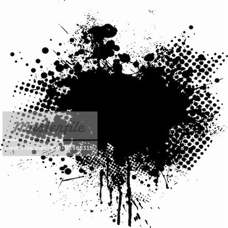 Ink splat overlayed by halftone dots in black and white