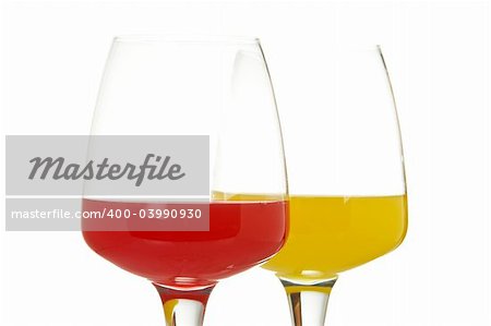Two glasses with beverages, isolated on white background
