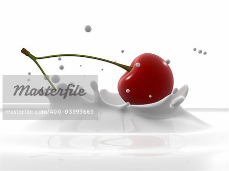 3d rendered illustration of cherries falling into milk