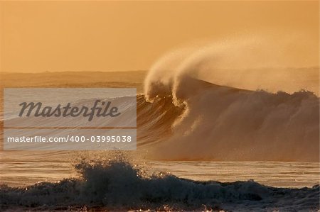 Seascape at sunset with large breaking wave