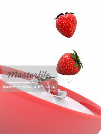 3d rendered illustration of strawberries falling into milk