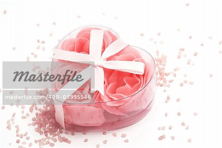 Valentine's day gift - soap foam roses in a heart-shaped box and bath salt.