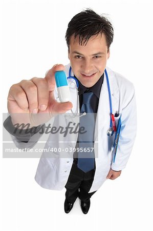 A friendly doctor or pharmicist is holding medication