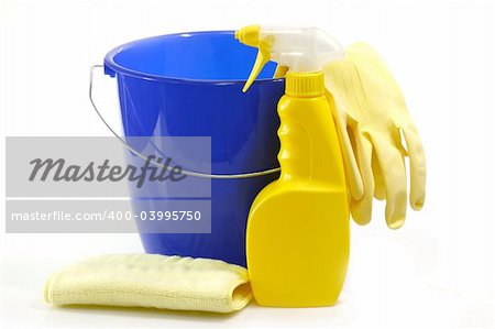 Bucket and cleaning accessoires on bright Background