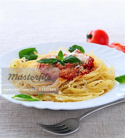 Big plate of pasta with tomato sauce and parmesan