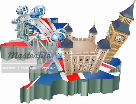 An illustration of some tourist attractions in the uk, signifies United Kingdom tourism