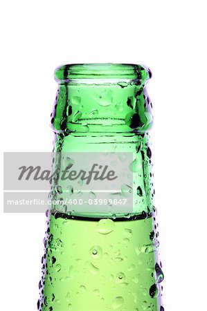 bottle isolated on white - green bottle with water droplets closeup