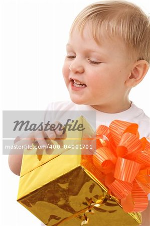happy child with gift box. On white background.