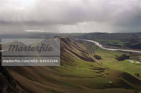 A rainy winters day in Hawke's Bay, New Zealand. View from the top of Te Mata Peak looking down Tuki Tuki River towards the coast
