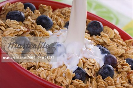 Milk being Poured into Bowl of Granola and Blueberries