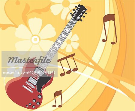 Illustration of a guitar with music notes in floral background
