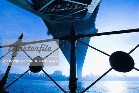 View from underneath Sydney Harbour Bridge in Australia at dusk with harbor and city skyline visible.