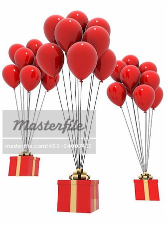 3d rendered illustration of flying red balloons with presents