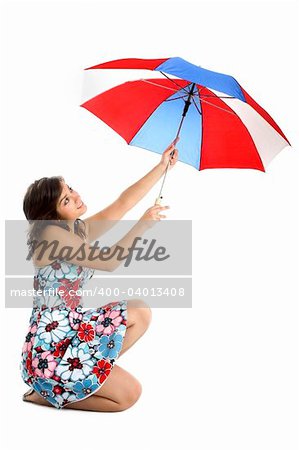 Portrait of a young happy woman posing with an umbrella (isolated on white)