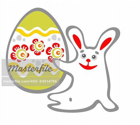 Happy sitting bunny and easter egg  isolated on a white background. Easter illustration.