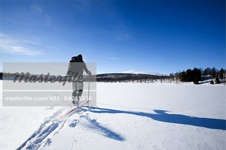 A cross country skiier skiing off trail back country;