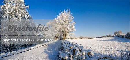 A snow covered rural landscape in the countryside