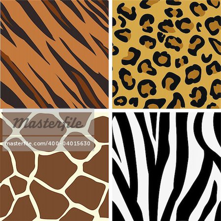 Seamless tiling animal print patterns of tiger, leopard, giraffe and zebra. Created especially to look at their best when tiled.