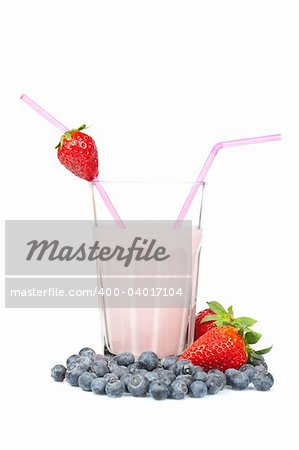 A fresh and nutritious strawberry milkshake with blueberries on white background