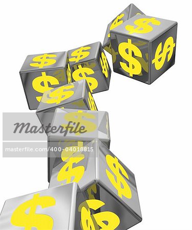 An unstable pile of block with yellow money symbols falling down