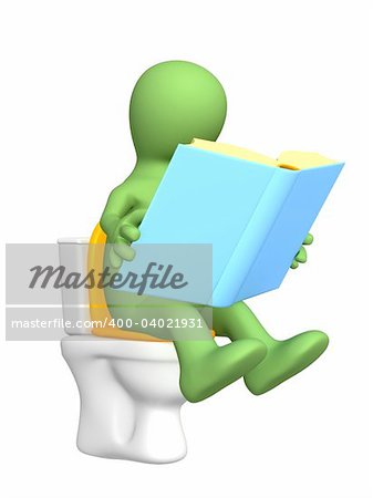 3d puppet, sitting with book on toilet bowl. Objects over white