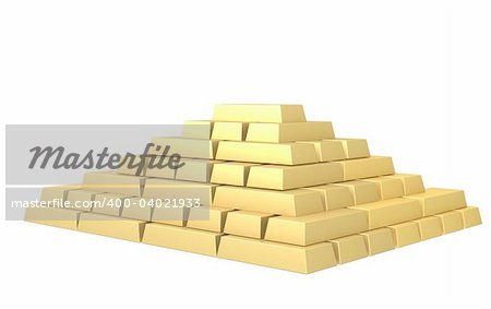 Symbol of riches - 3d pyramid from gold ingots. Objects over white
