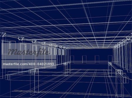3d abstract sketch of an interior of a public building. Objects over white