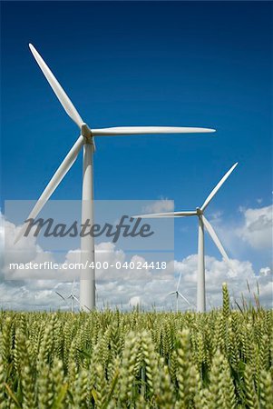 Wind turbine farm against a summer blue sky.