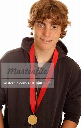 attractive teenage boy wearing winning medal around his neck