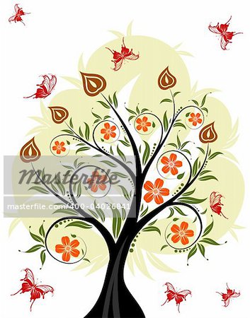 Floral tree with butterfly, element for design, vector illustration