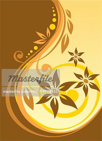 Abstract curves and flowers pattern on a brown background.