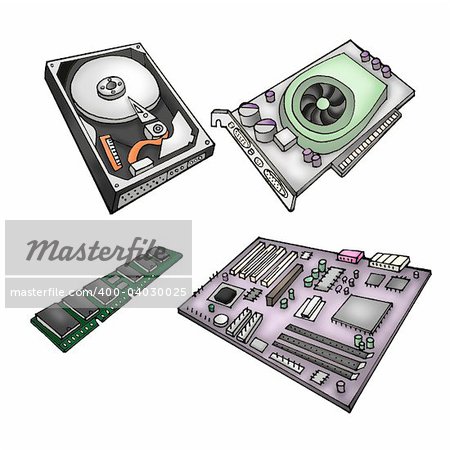 Color illustration of computer parts - harddrive, graphics card, memory module, motherboard.