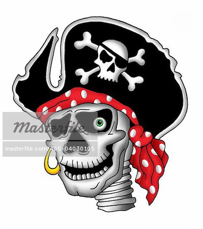 Color illustration of pirate skull in hat.