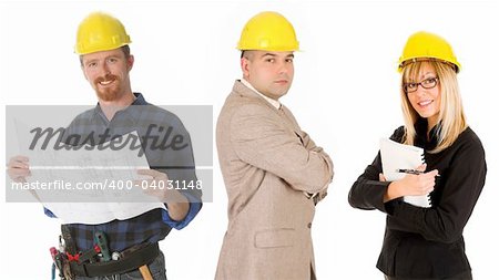 construction worker, businessman and architect on white background