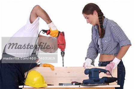 construction workers at work on white background