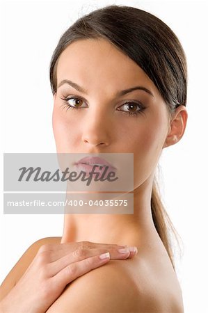 close up of a young and nice woman with black hair and natural makeup