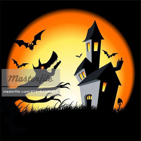 Scary haunted halloween house! Vector illustration.