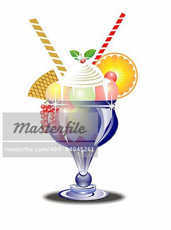 Ice-cream with fresh fruits, in a glass on a white background.  Download large hi-res jpg.