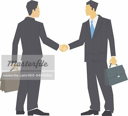 Two men in suits shaking hands, carrying leather briefcases
