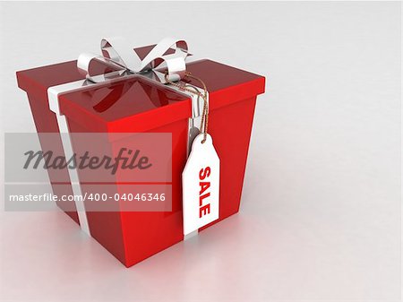 isolated three dimensional wrapped gift box with sale tag