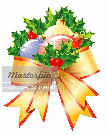 Christmas decoration/ Holly, balls and ribbon / vector / The layers are separated