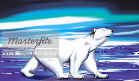 Polar White Bear enjoys beautiful northern lights