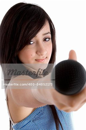 front view of girl showing microphone on  an isolated white background