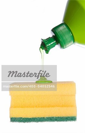 Sponge with flowing detergent, isolated on white background