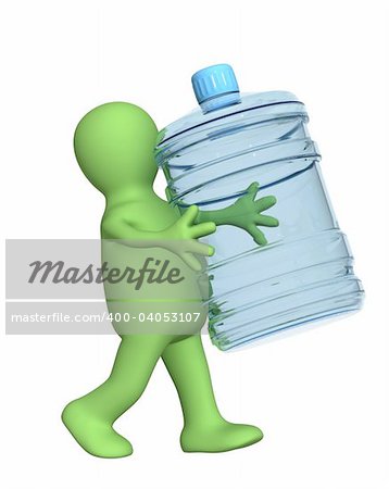 3d puppet, carrying a bottle with clean water