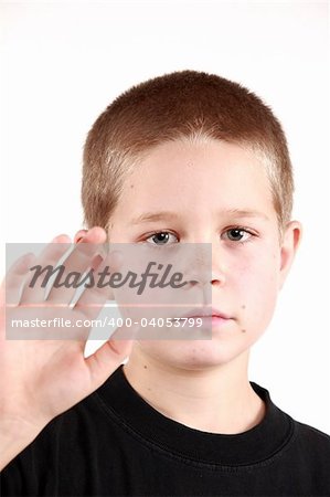 Young boy is preparing to say good bye. On white background