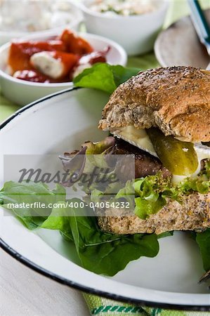 Juicy beefburger in a fresh bread bun with salad